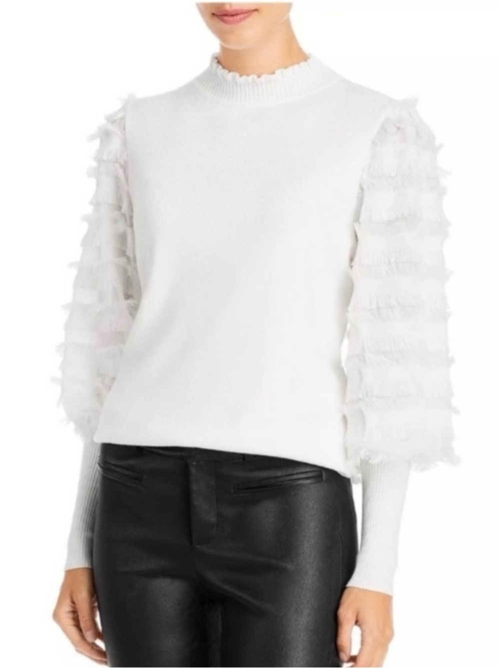 SIONI Ruffle Fringe Long Sleeve Fine Knit Sweater Eggshell White Size XL